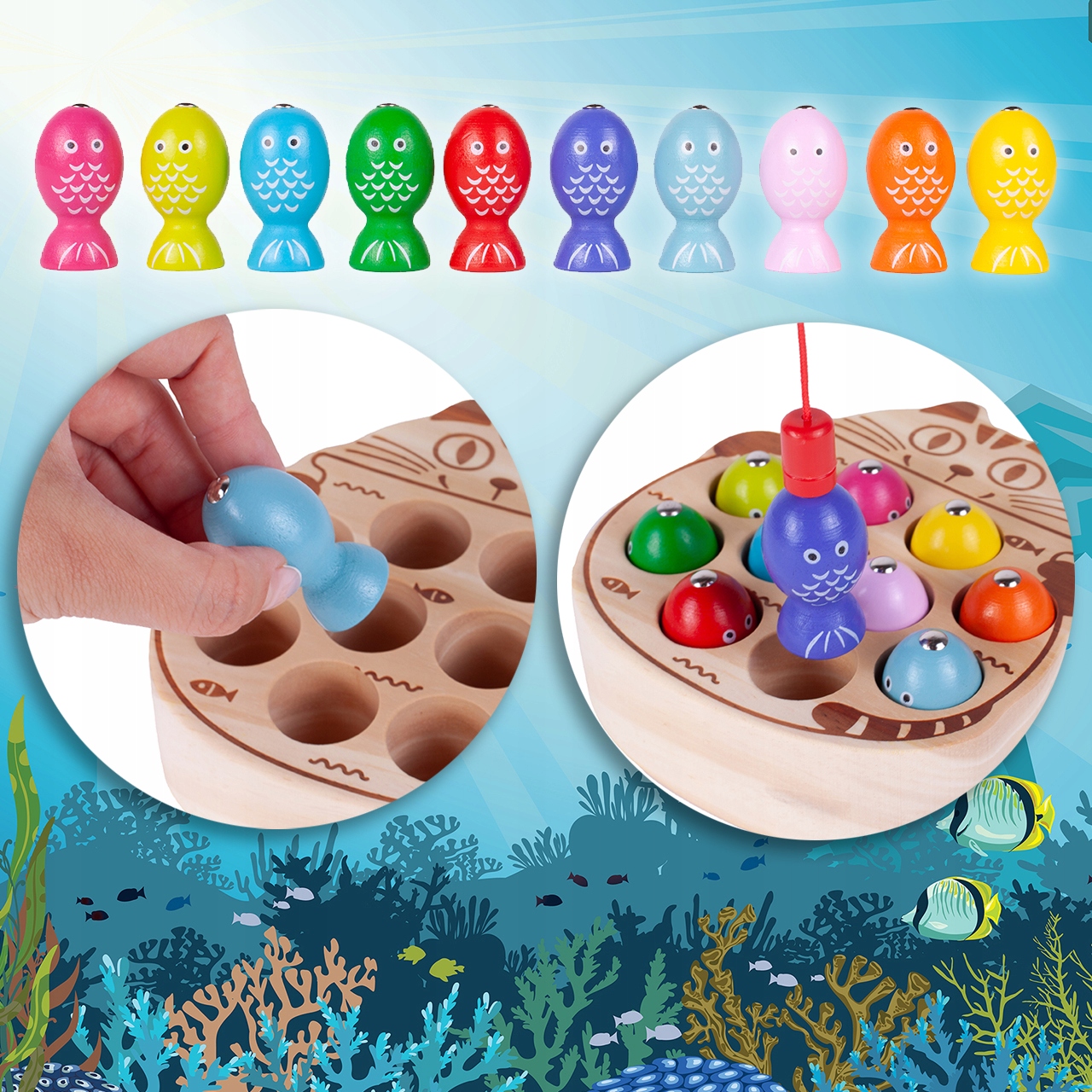 GRA DREWNIANA ŁOWIENIE RYBEK MAGNES KOTEK + WĘDKI Płeć Chłopcy Dziewczynki