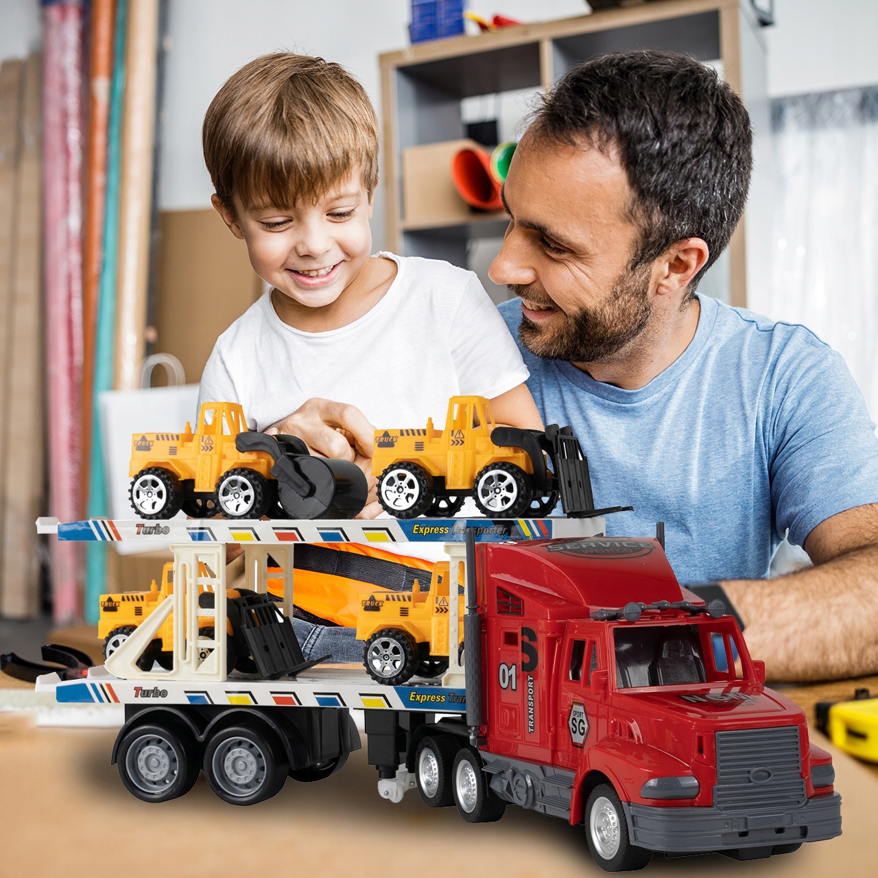 TIR LAWETA RC Z 4 POJAZDAMI BUDOWLANYMI NA PILOTA Marka MalPlay