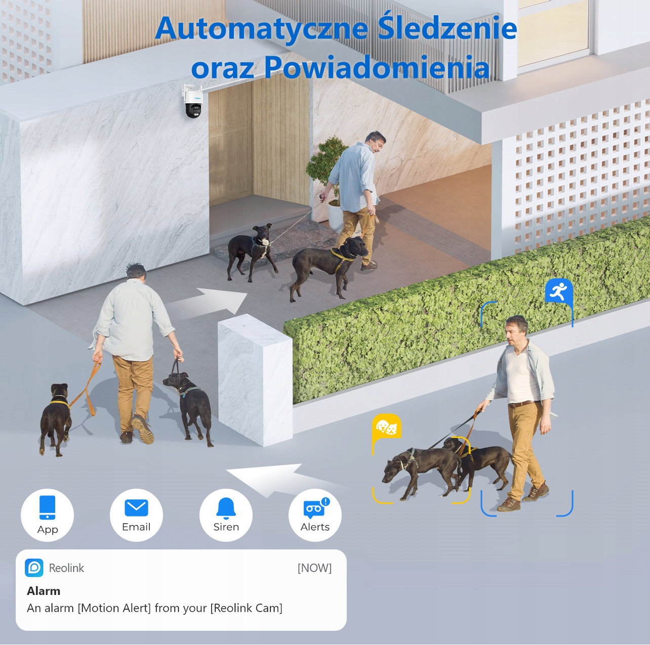 Smart Detekcja Ludzi/ Zwierząt / Pojazdów TrackMix POE może odróżniać ludzi, pojazdy i zwierzęta domowe* od innych obiektów, zapewniając dokładniejsze powiadomienia.