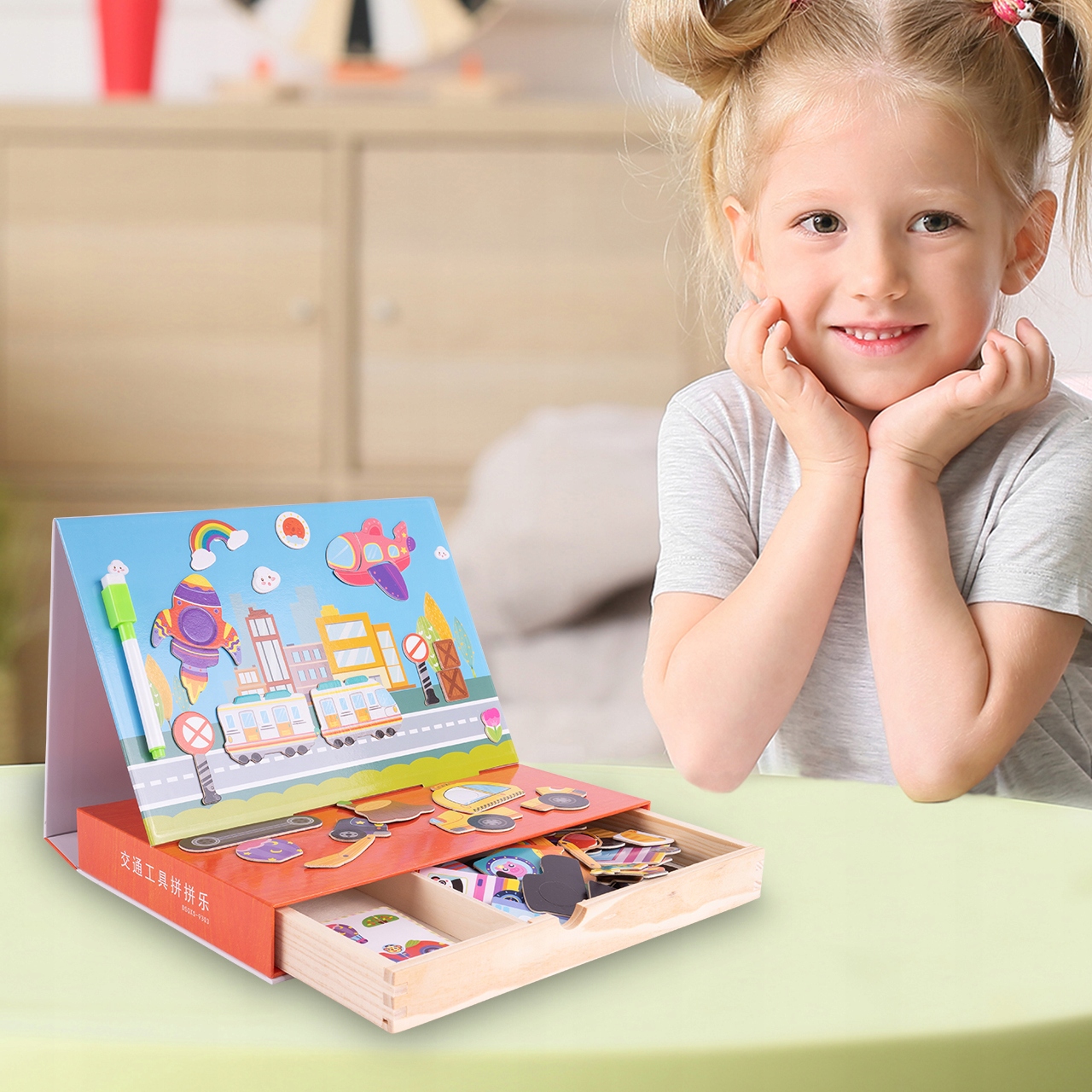 EDUKACYJNE PUZZLE MAGNETYCZNE POJAZDY MONTESSORI Głębokość produktu 22 cm