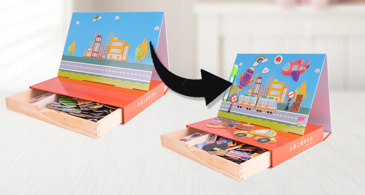 EDUKACYJNE PUZZLE MAGNETYCZNE POJAZDY MONTESSORI Waga produktu z opakowaniem jednostkowym 1.08 kg