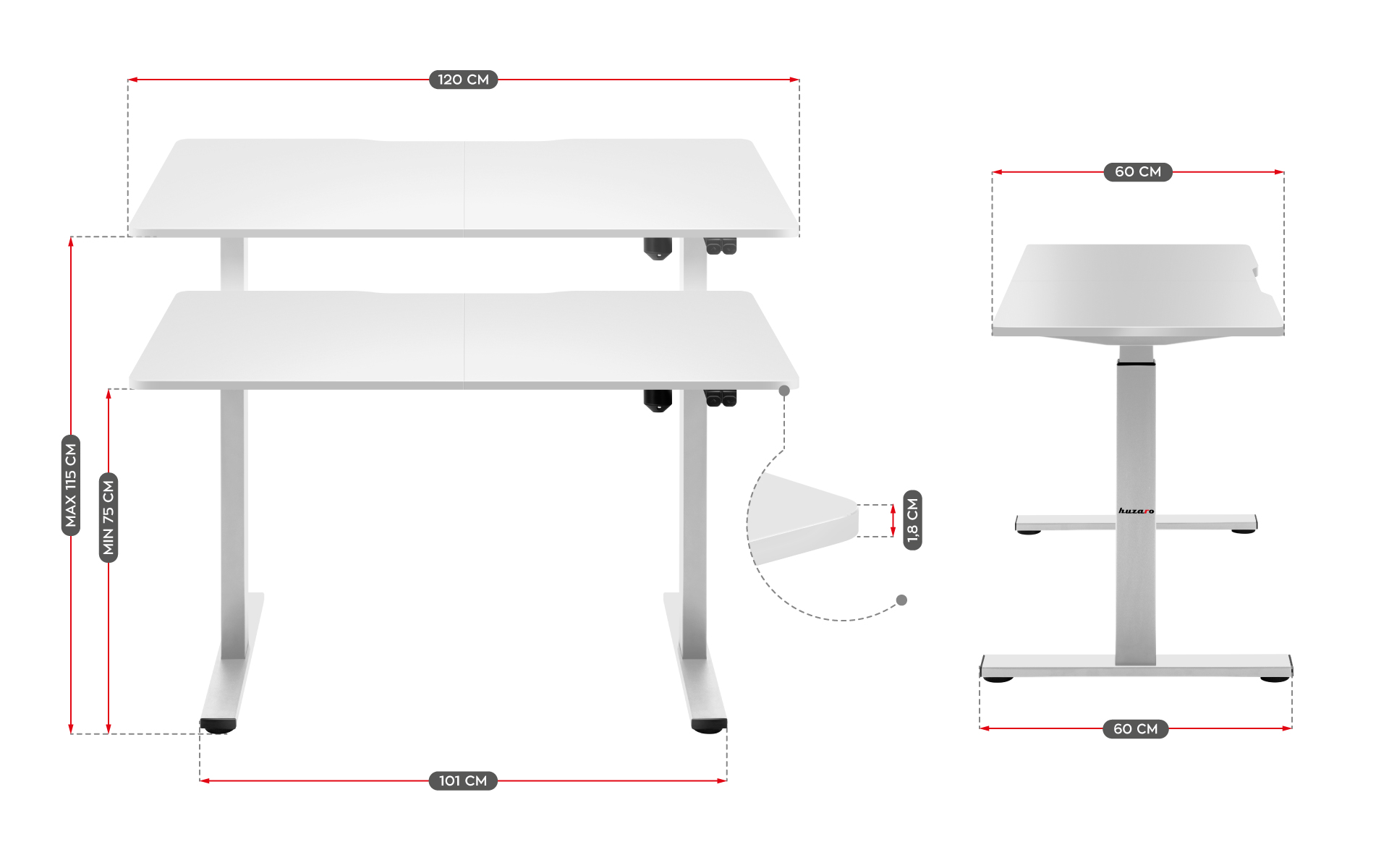 Wymiary biurka elektrycznego Huzaro Hero 8.0 White