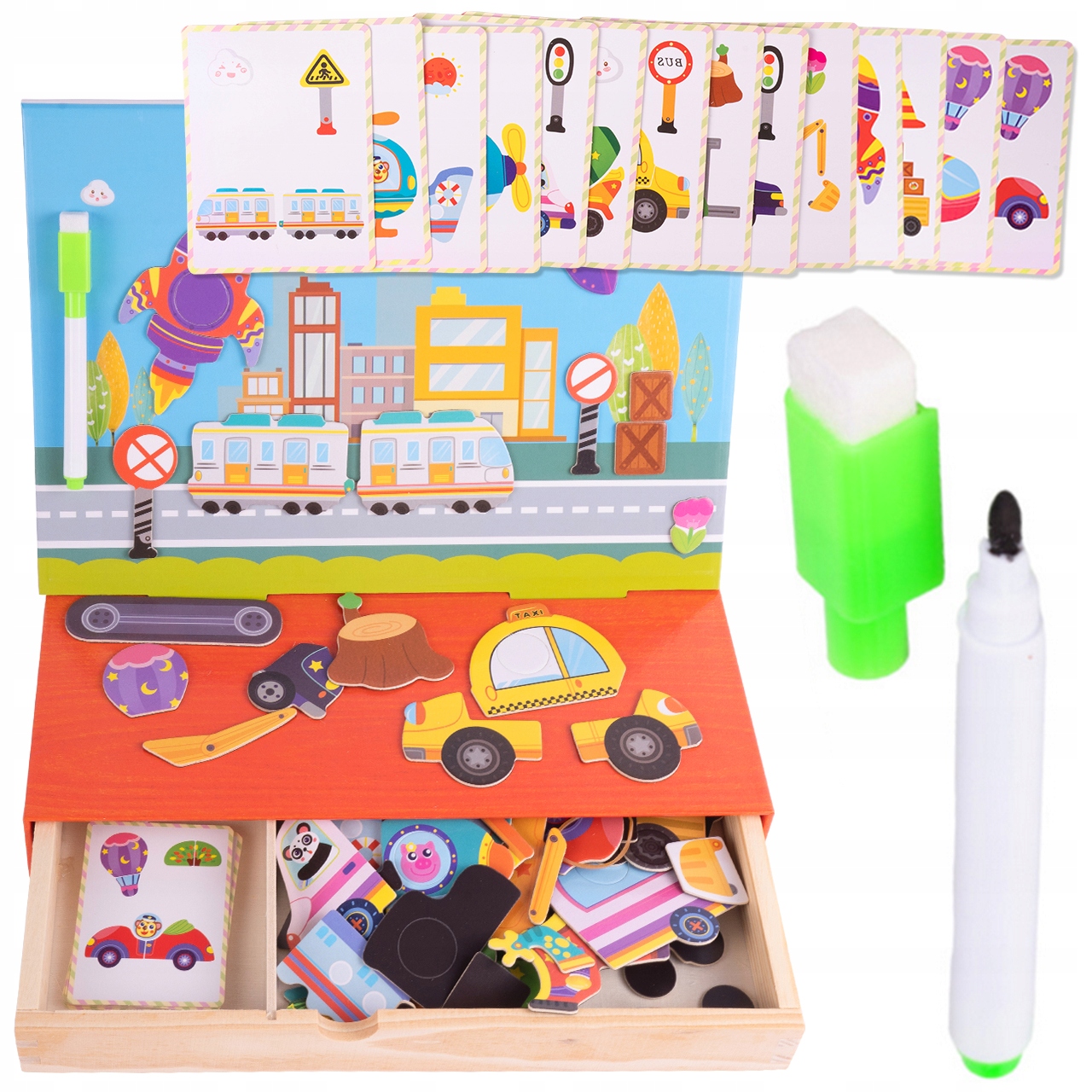 EDUKACYJNE PUZZLE MAGNETYCZNE POJAZDY MONTESSORI Kolor dominujący wielokolorowy