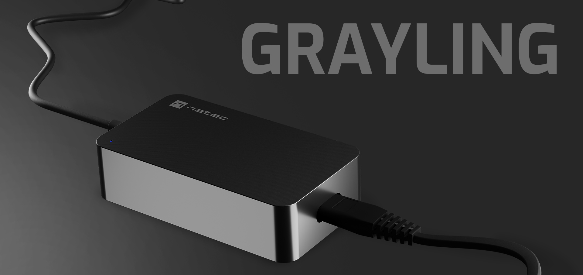 Ładowarka Natec Grayling USB-C 45W przeznaczona do laptopów, tabletów i telefonów, charakteryzująca się eleganckim czarnym designem.
