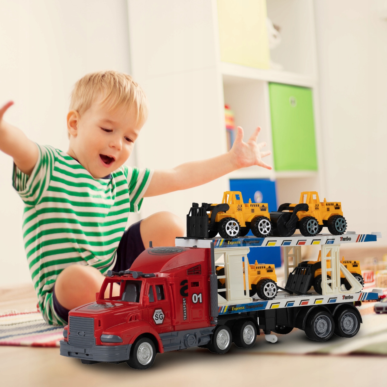 TIR LAWETA RC Z 4 POJAZDAMI BUDOWLANYMI NA PILOTA Wysokość produktu 12.5 cm