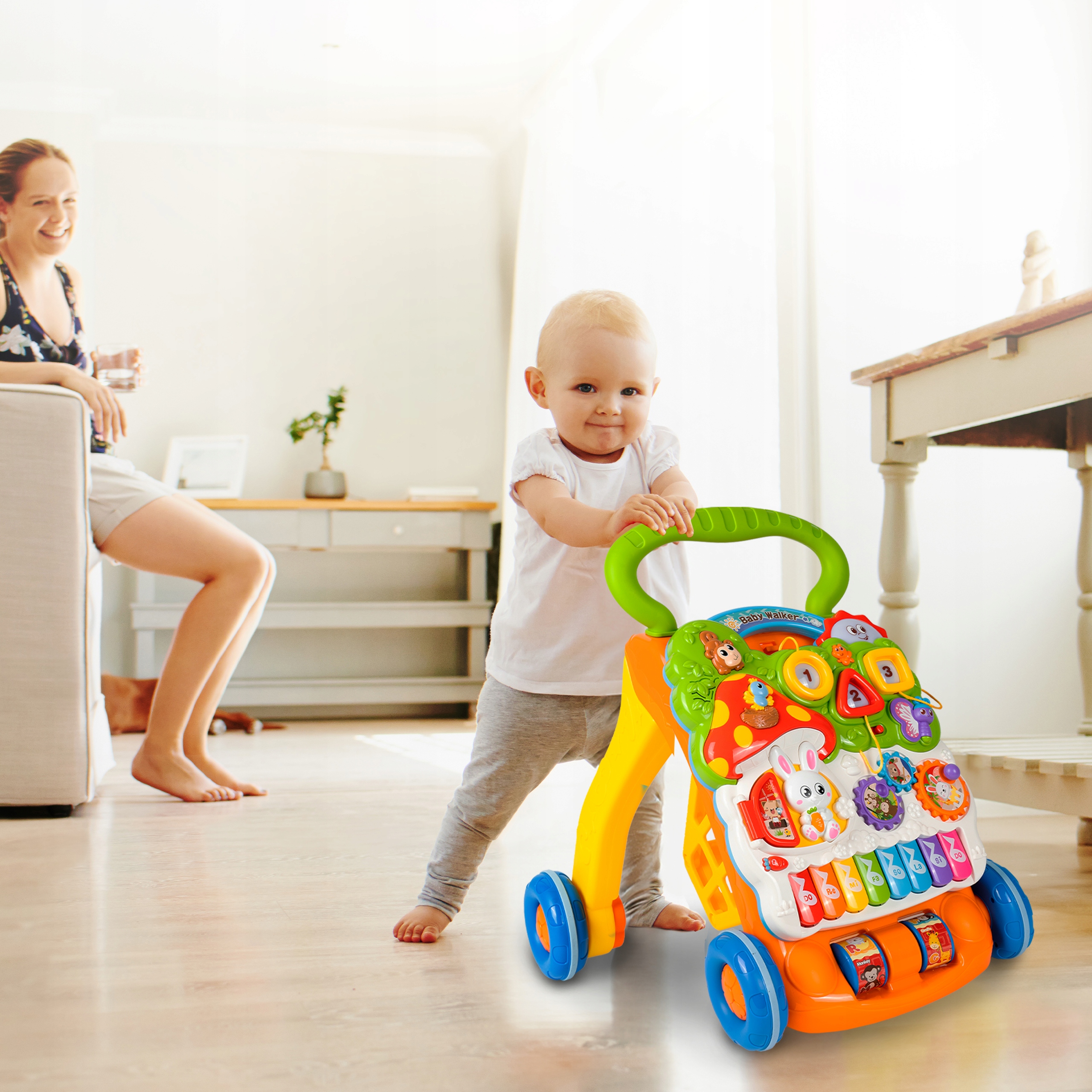 CHODZIK PCHACZ INTERAKTYWNY PIANINKO EDUKACYJNY PANEL KOSZYK NA ZAKUPY Materiał guma plastik
