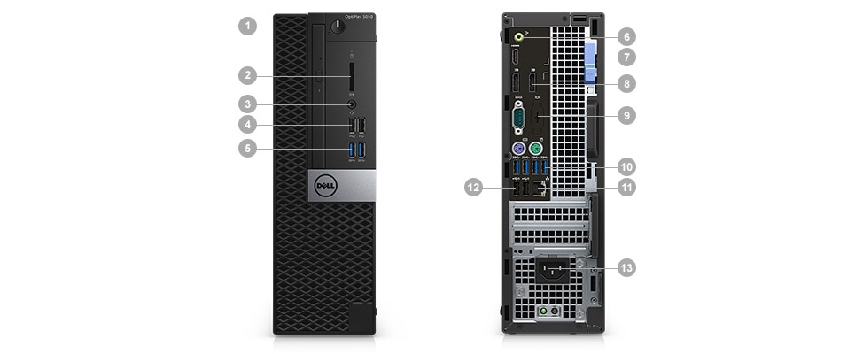 OptiPlex 5050 w obudowach typu tower i SFF — porty i gniazda — obudowa typu SFF OptiPlex 5050 w obudowach typu tower i SFF — porty i gniazda — obudowa typu SFF