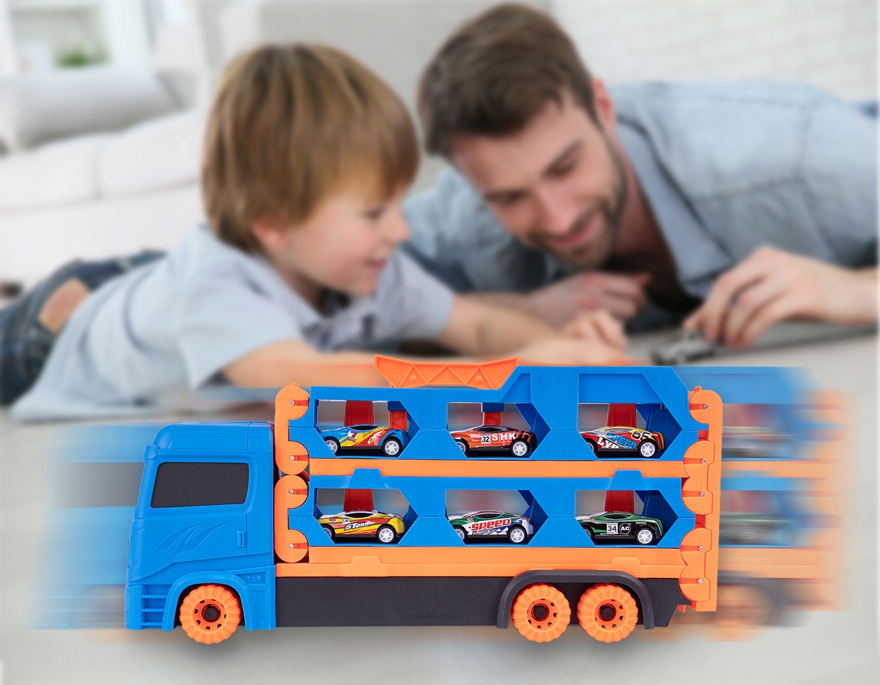 LAWETA TIR CIĘŻARÓWKA WYRZUTNIA RESORAKI MAŁE AUTA Kolor dominujący wielokolorowy