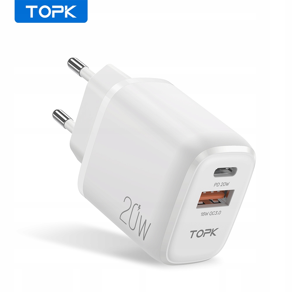 Szybka Ładowarka sieciowa USB + USB C PD 20W Topk