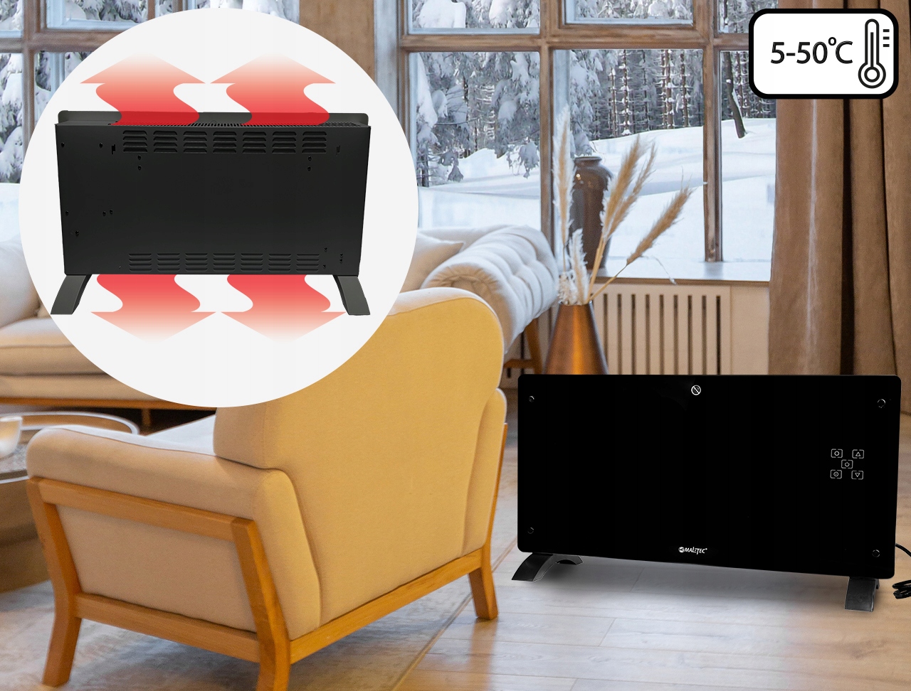 GRZEJNIK KONWEKCYJNY SZKLANY ECO WIFI TERMOSTAT Kolor czarny