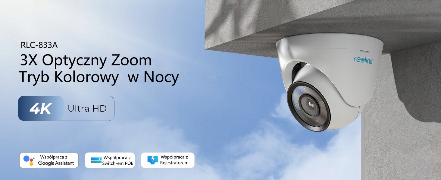kamera Reolink RLC-833A kopułka 8MP Poe 3xZoom 4K 3-krotny zoom optyczny, dla większej ilości szczegółów