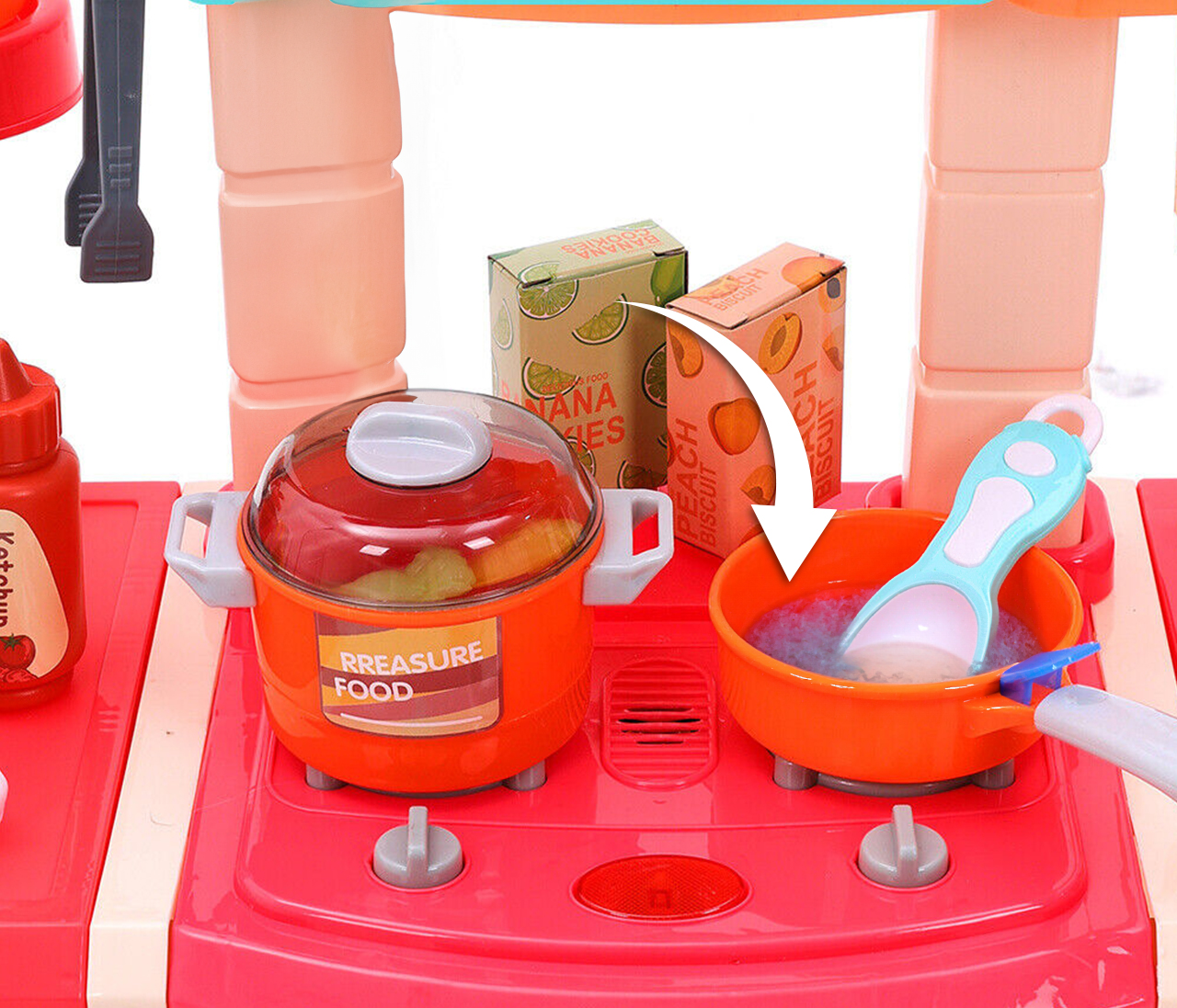 KUCHNIA INTERAKTYWNA DUŻA PIEKARNIK DLA DZIECKA DŹWIĘKI KRAN WODA GARNKI Wysokość produktu 45.5 cm