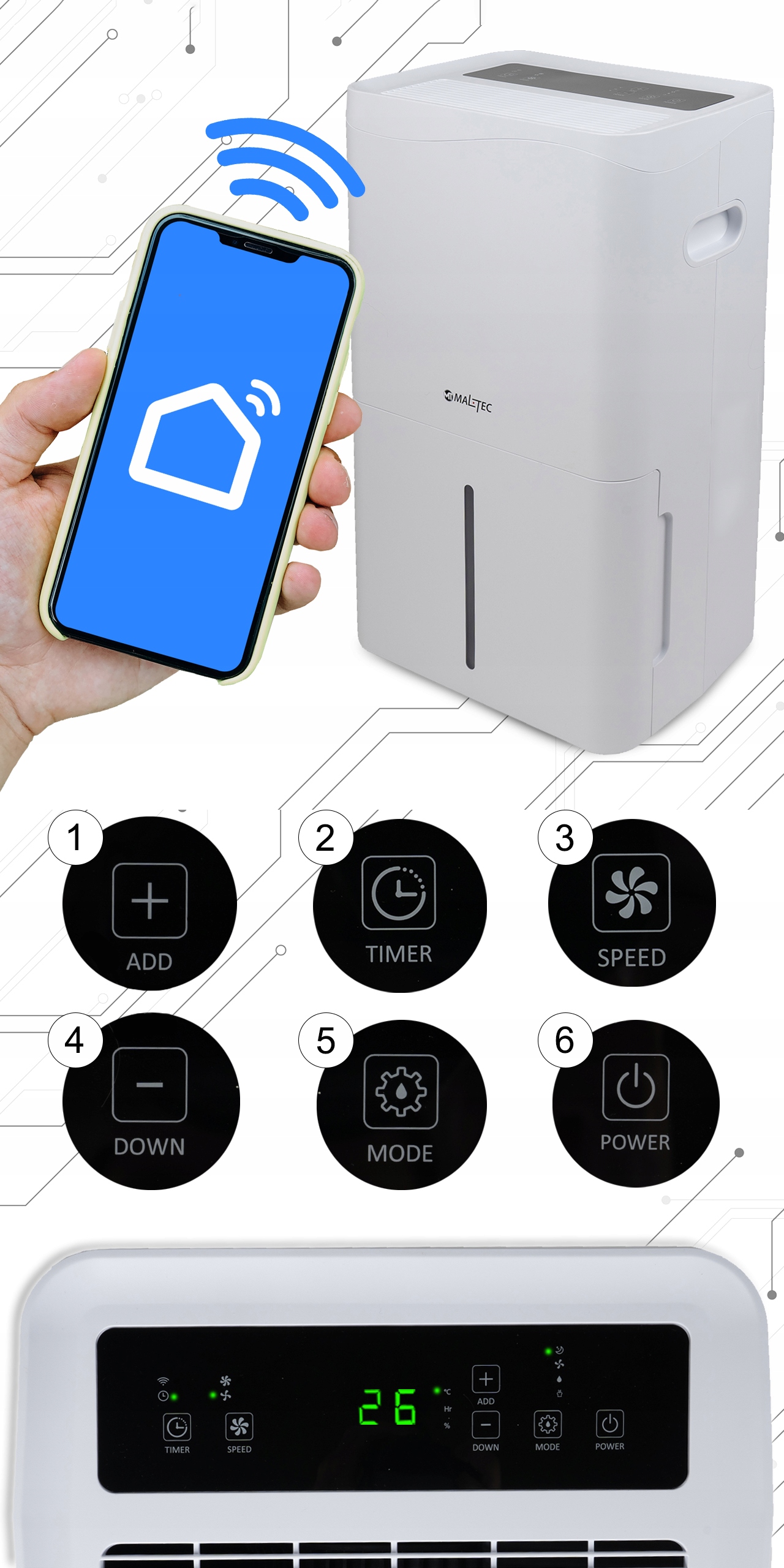 OSUSZACZ POWIETRZA POCHŁANIACZ WILGOCI 50L/H WiFi Szerokość produktu 36.5 cm