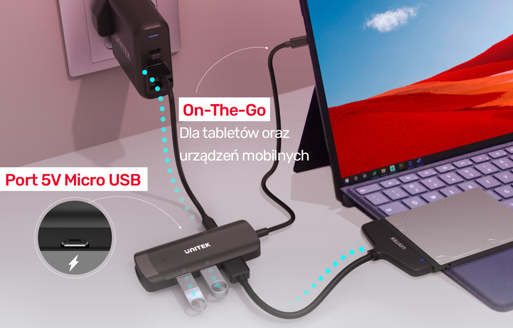 Unitek H1110B połączenie z laptopem i zasilanie