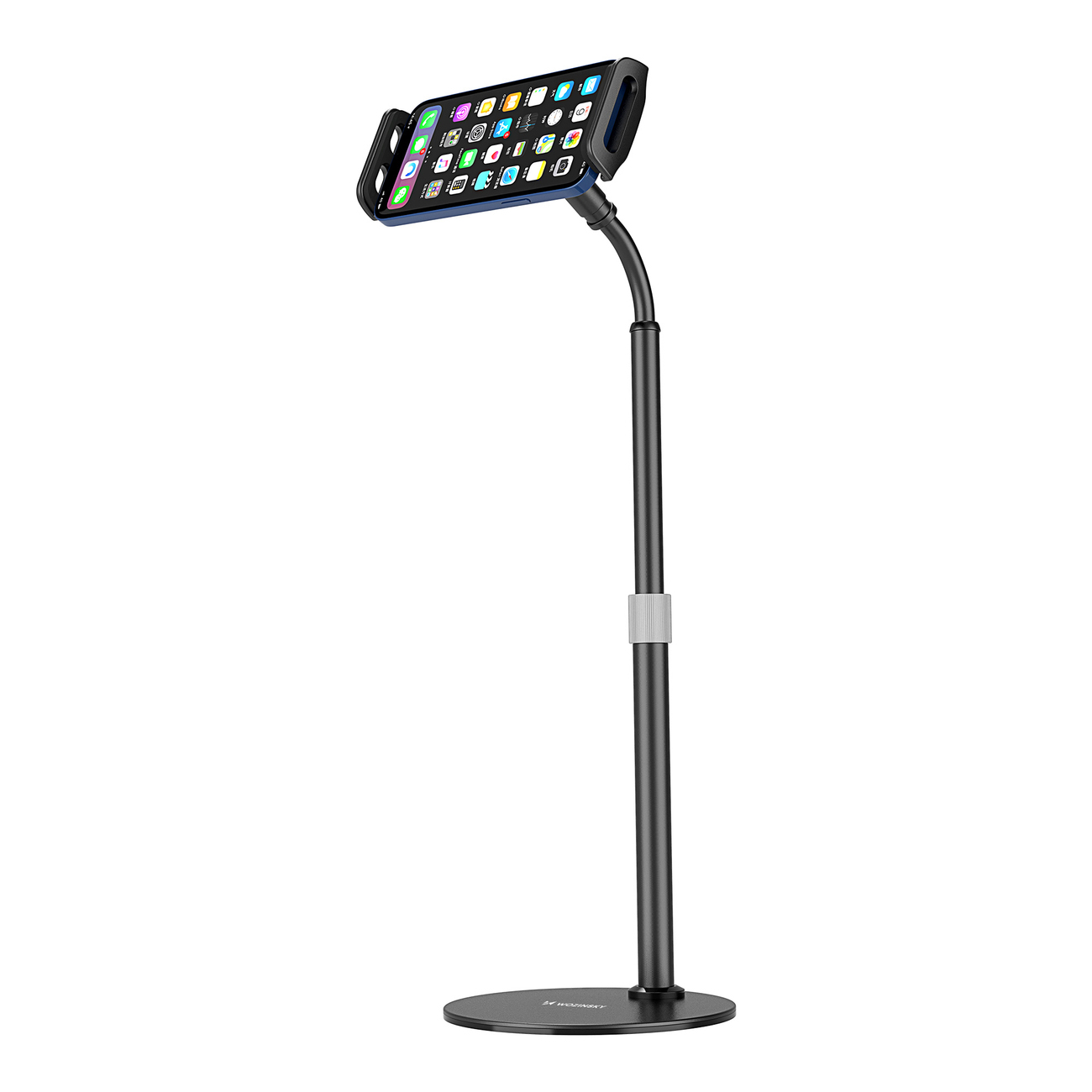 Stojący na biurku stojak na tablet i telefon Wozinsky WTHBK4 Stojak na tablet i telefon Wozinsky WTHBK4 z zamontowanym tabletem na biurku