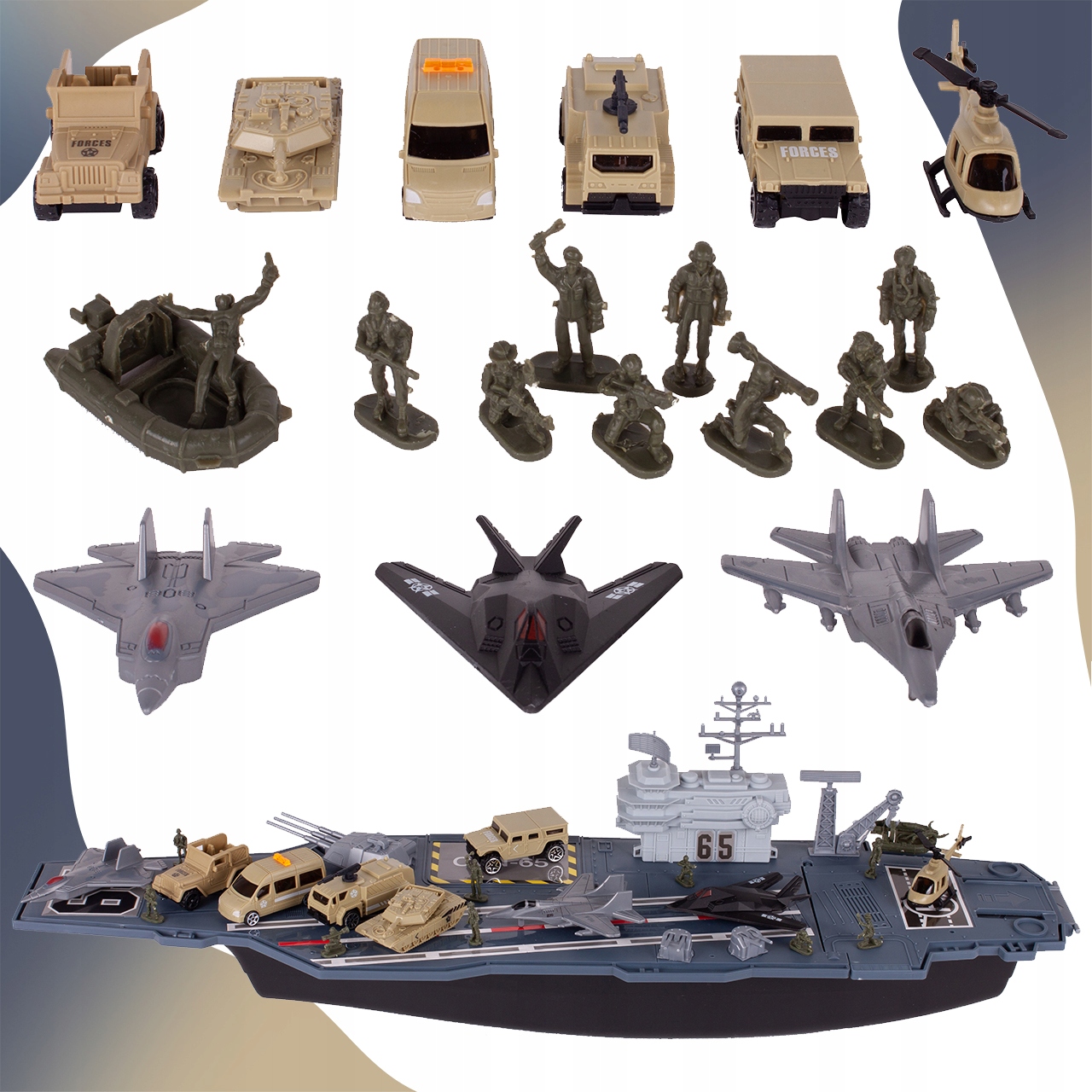 STATEK WOJSKOWY LOTNISKOWIEC + SAMOLOTY AUTA Model MalPlay
