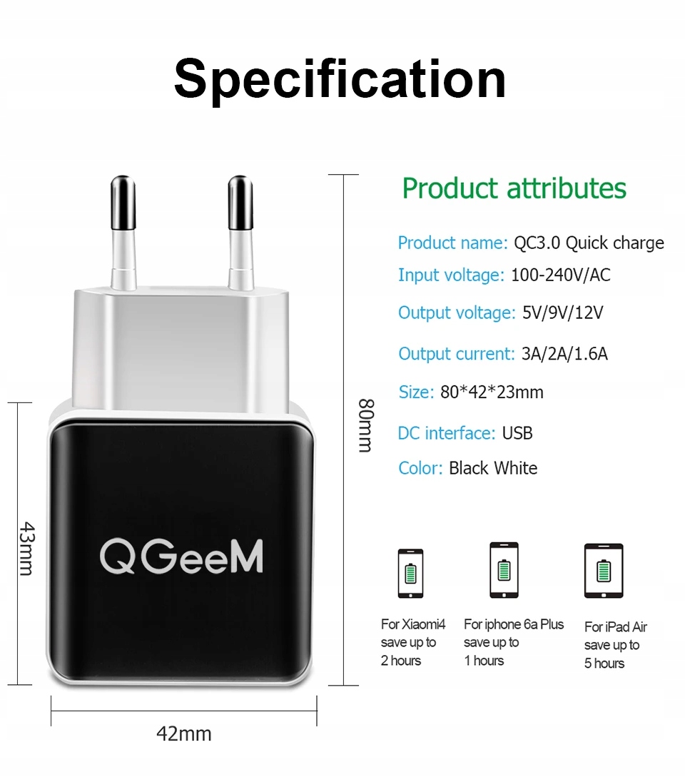 Szybka ładowarka USB 20W Quick Charge QGeem QC3 Złącza USB