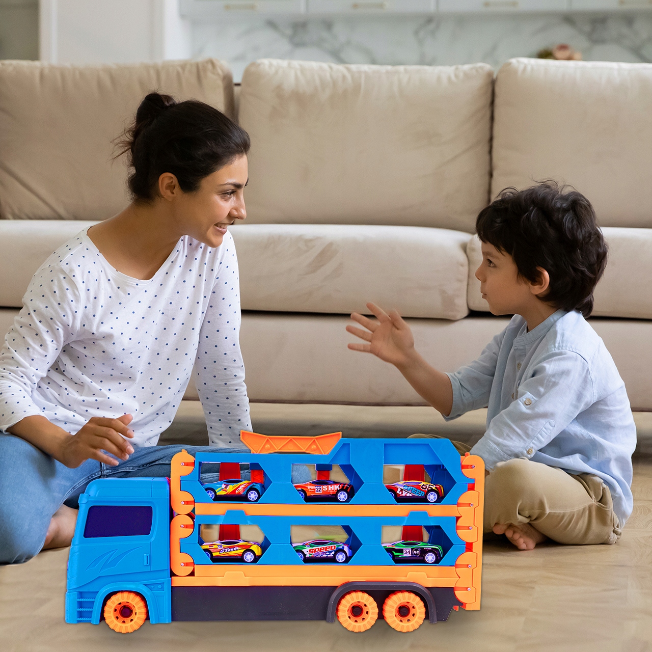 LAWETA TIR CIĘŻARÓWKA WYRZUTNIA RESORAKI MAŁE AUTA Płeć Chłopcy