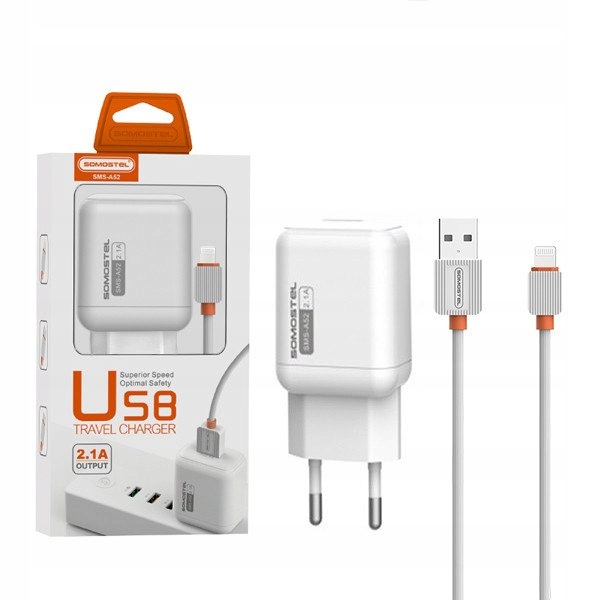 ŁADOWARKA SIECIOWA 2A + KABEL IPHONE BIAŁY SOMOSTE