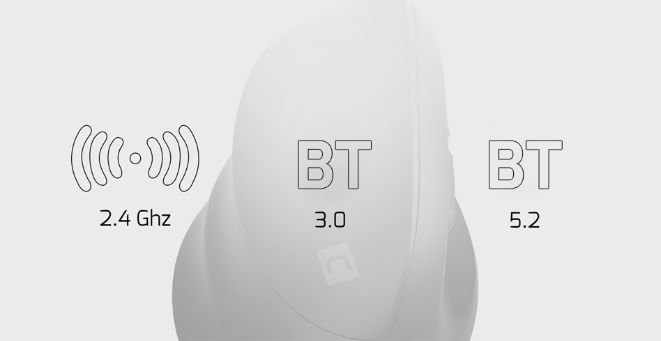 Pionowa, ergonomiczna mysz w tle. Na pierwszym planie piktogramy sugerujące łączność Bluetooth i 2,4 Ghz (Gigaherce)