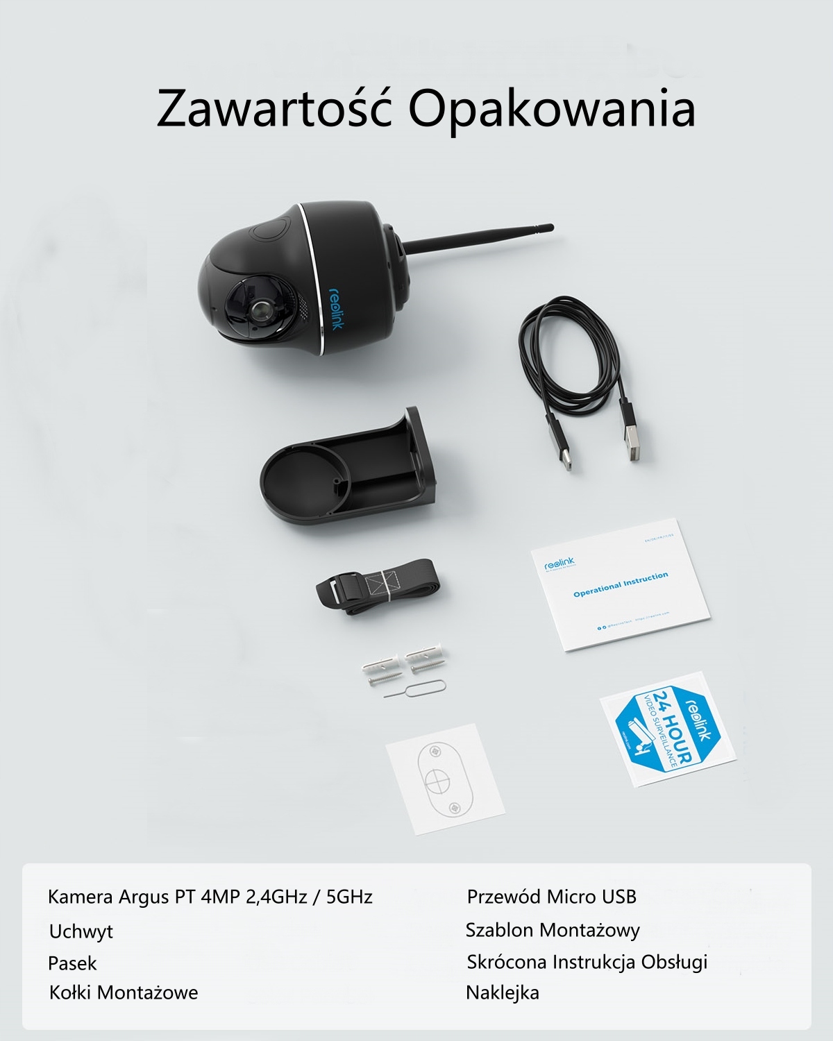 Zawartosć opakowania Reolink Argus PT 4MP dwuzakresowa czarna