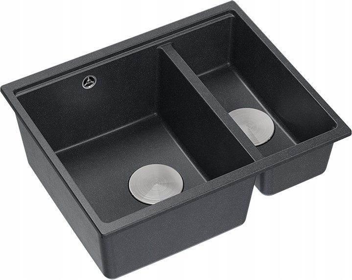 Zlewozmywak GraniteQ QUADRON | LOGAN 150 | granitowy zlewozmywak kuchenny CZARNY + STAL | wymiary: 56 x 46 x 22 cm | 1,5-komorowy wpuszczany | podbudowa szafki od: 60 cm
