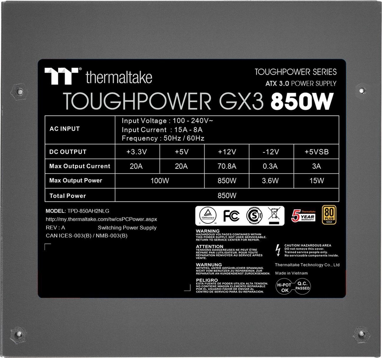фото Блок живлення Thermaltake ToughPower GX3 Gold 850W (PS-TPD-0850NNFAGE-3)