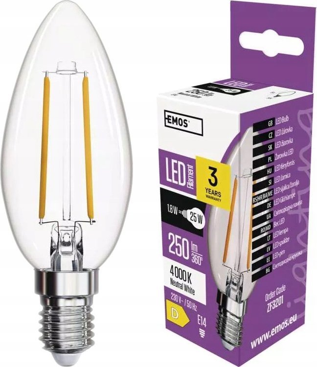 Emos Żarówka LED 1,8W (25W) E14 świeczka filament 250lm 4000K neutralna Emos ZF3201