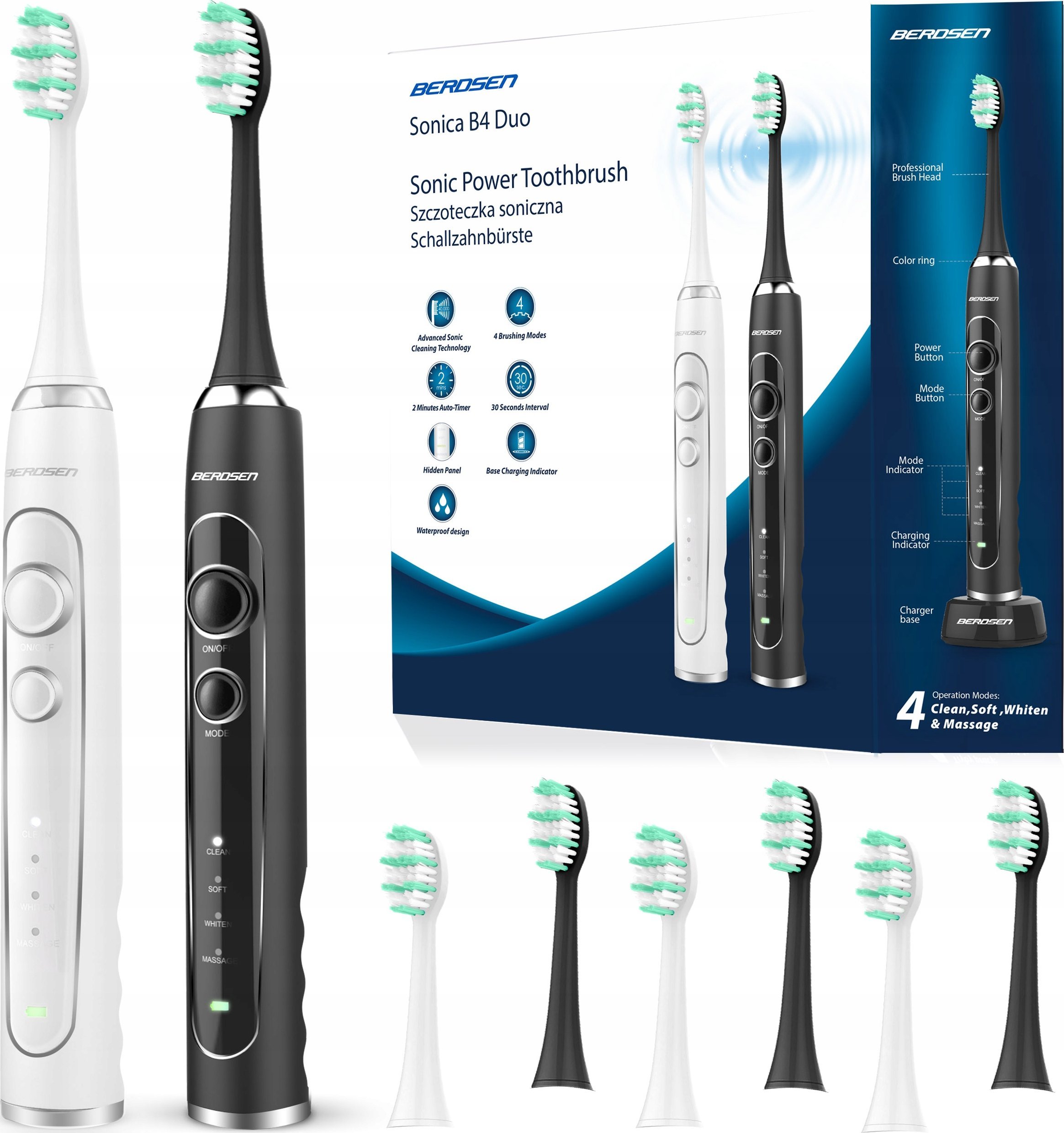 фото Електрична зубна щітка Berdsen Sonica B4 Duo White & Black