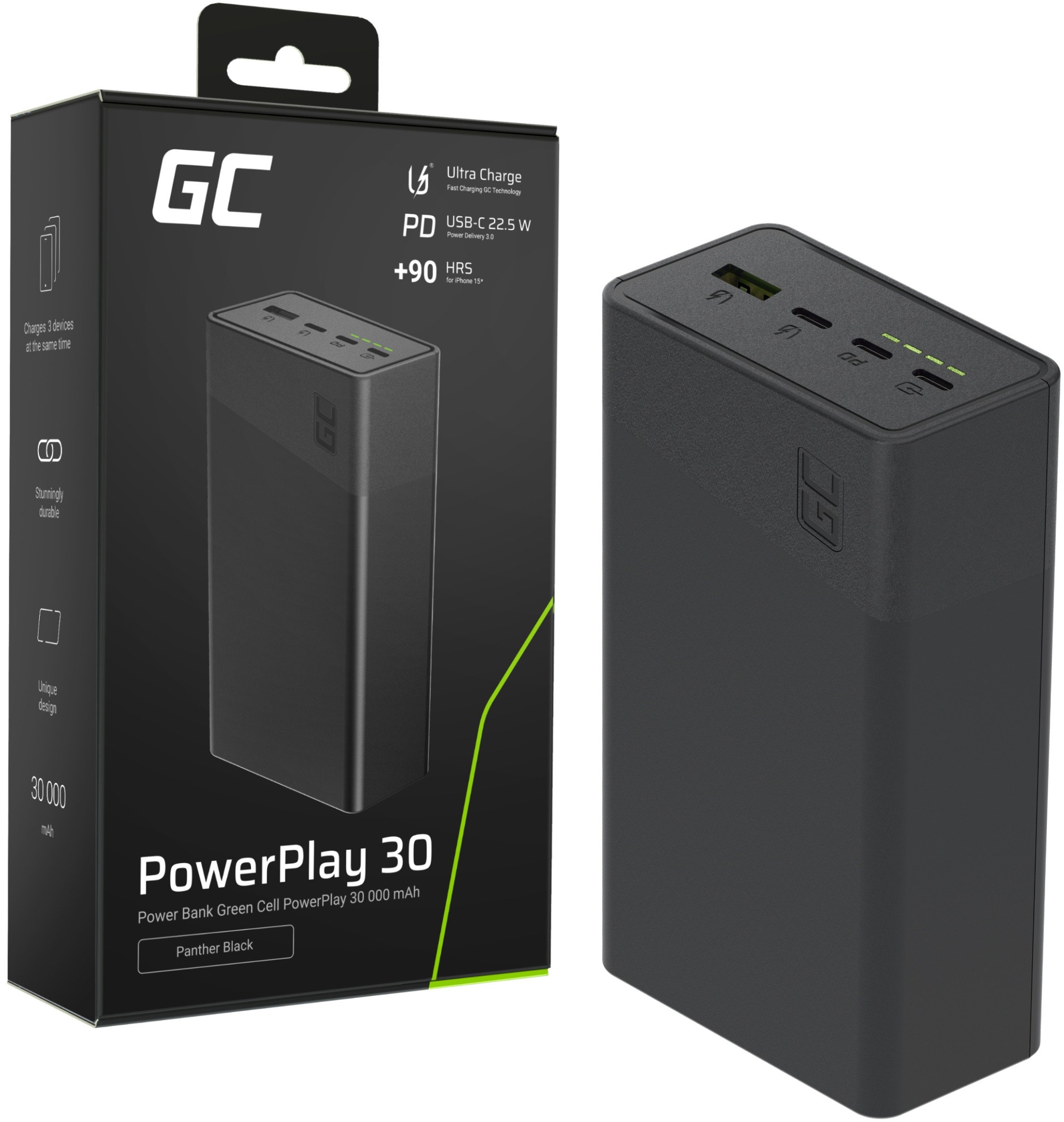 фото Внешний аккумулятор (пауэрбанк) Green Cell PowerPlay 30 30000mAh Black (PBGC30B)