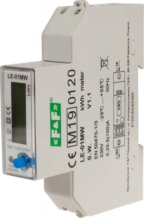 F&F Licznik energii elektrycznej 1-fazowy 5/100A 230V z wyświetlaczem LE-01MW
