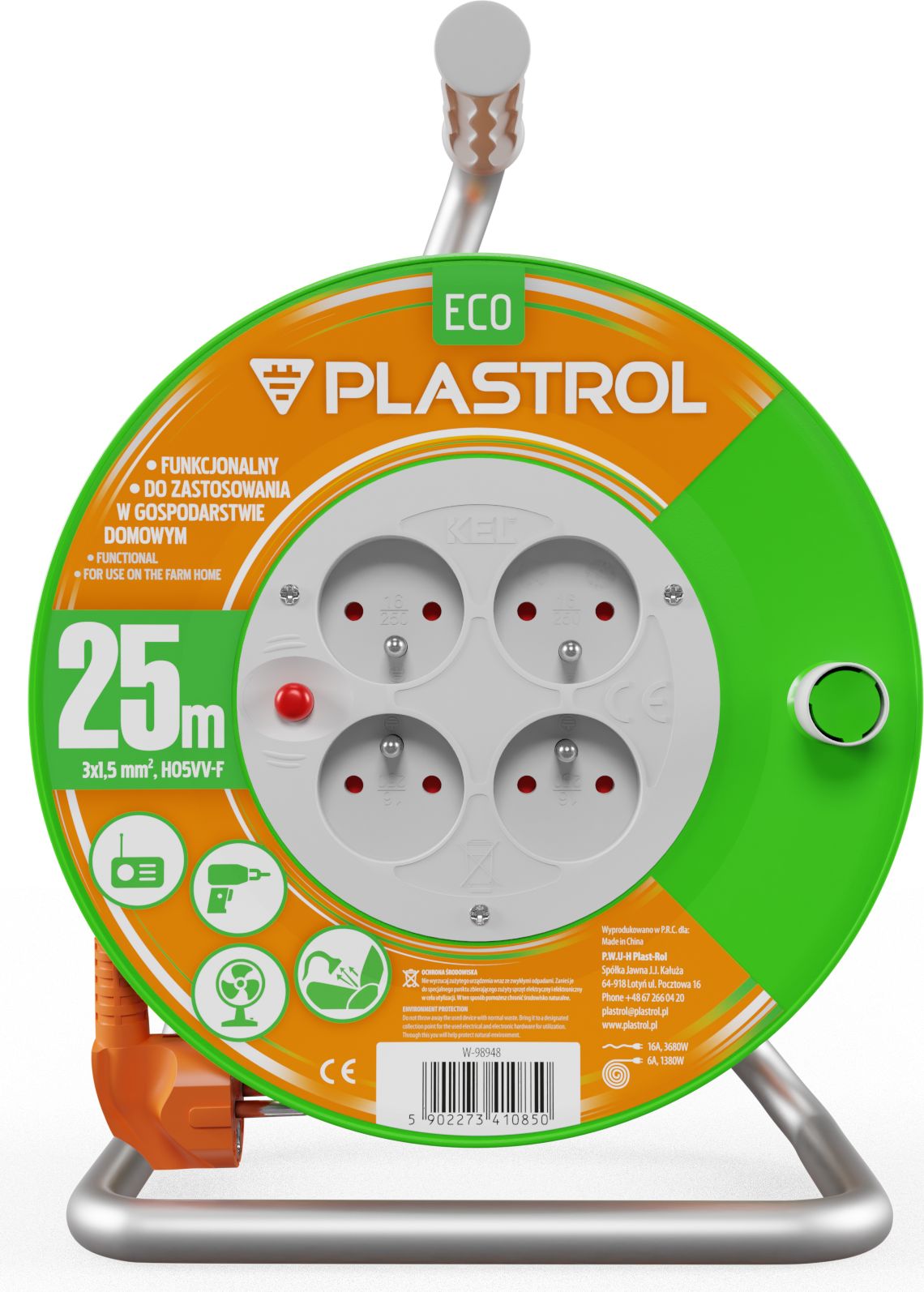 Plastrol przedłużacz bębnowy Standard Line 25m H05VV-F 3x1,5 4xGS 16A pomarańczowy (W-98948)
