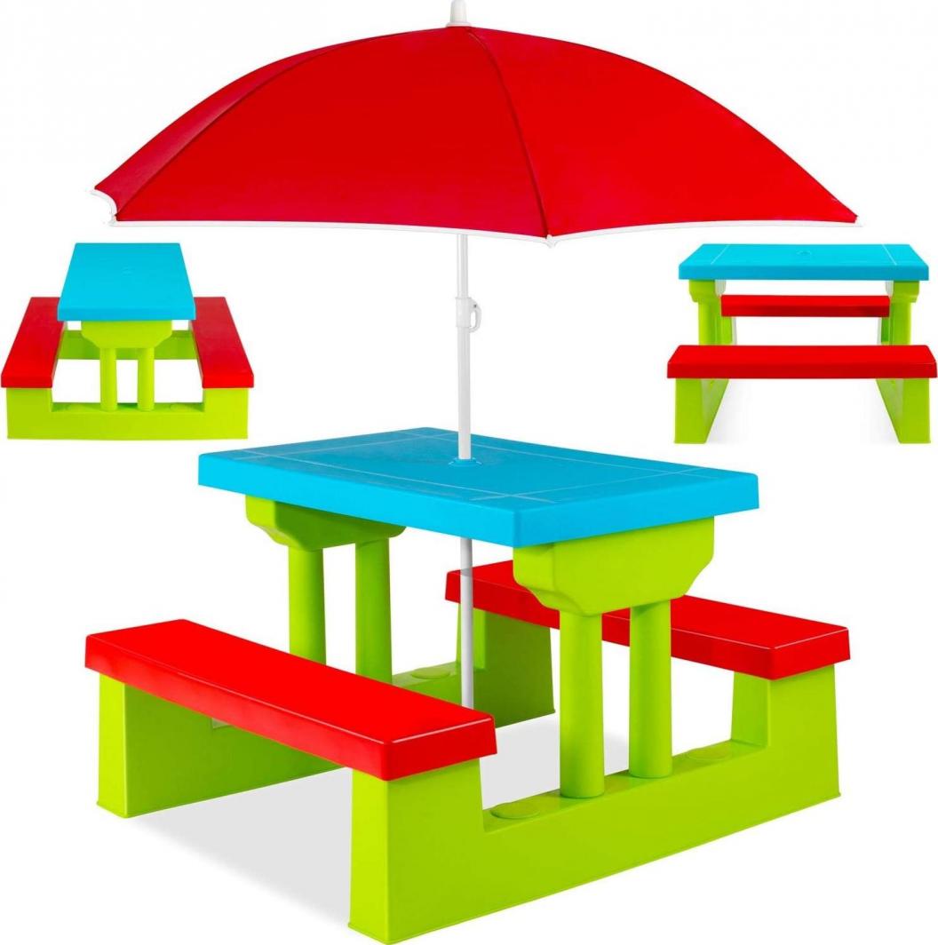 Coil Stół ogrodowy piknikowy dla dzieci z parasolem i ławkami zielono-czerwony 1