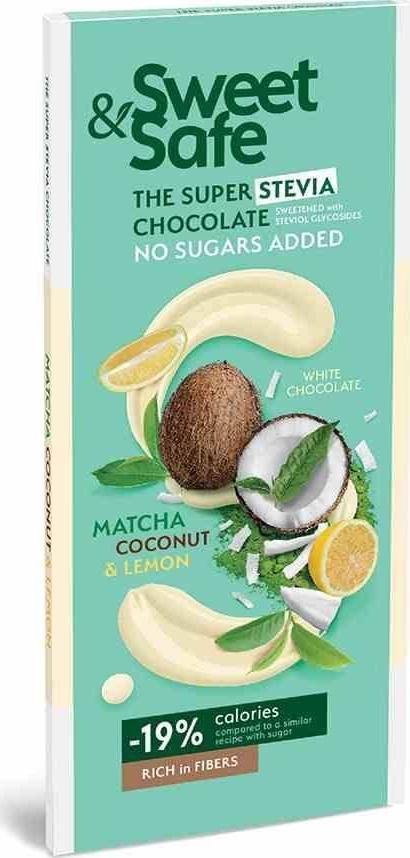 Sweet&Safe Czekolada biała - matcha, kokos i cytryna, słodzona stewią Sweet&Safe, 90g 1