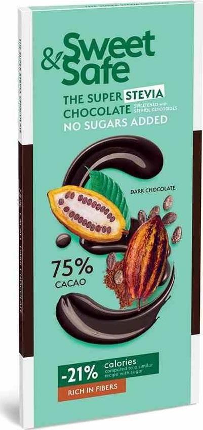 Sweet&Safe Czekolada deserowa 75% kakao, słodzona stewią Sweet&Safe, 90g 1