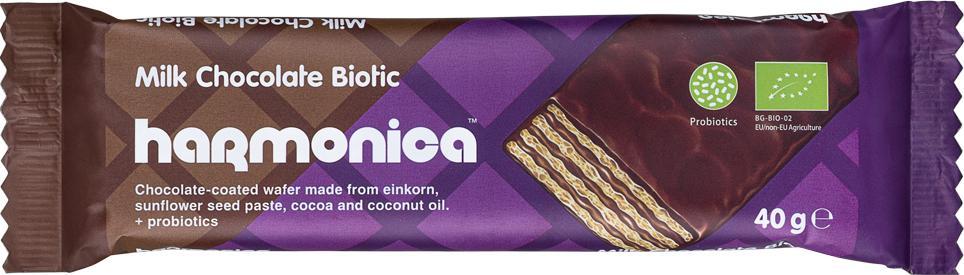 HARMONICA WAFELEK Z KREMEM MLECZNO - KAKAOWYM W POLEWIE Z MLECZNEJ CZEKOLADY Z PROBIOTYKAMI BIO 40 g - HARMONICA 1
