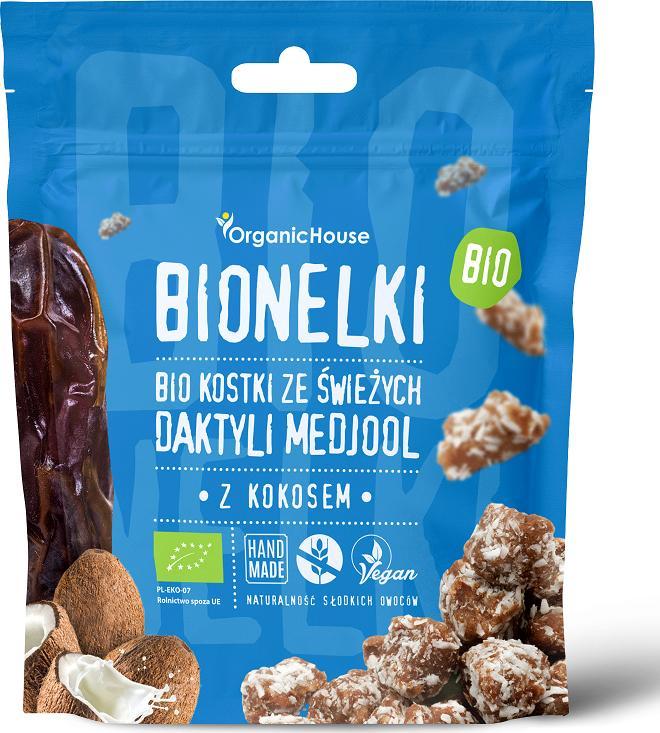 Organic House PRALINY DAKTYLOWE Z WIÓRKAMI KOKOSOWYMI BEZGLUTENOWE BIO 50 g - ORGANIC HOUSE (BIONELKI) 1