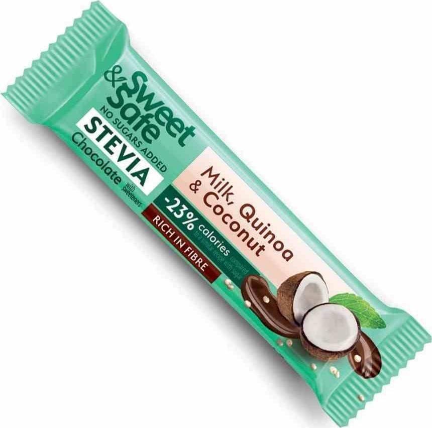 Sweet&Safe Baton z mlecznej czekolady - quinoa i kokos, słodzony stewią Sweet&Safe, 25g 1