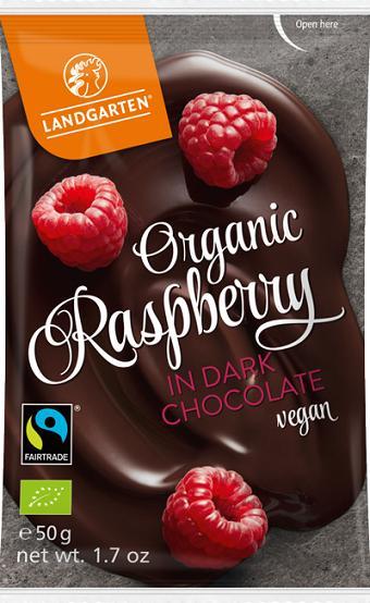 LANDGARTEN (przekąski) MALINY LIOFILIZOWANE W GORZKIEJ CZEKOLADZIE FAIR TRADE BEZGLUTENOWE BIO 50 g - LANDGARTEN 1