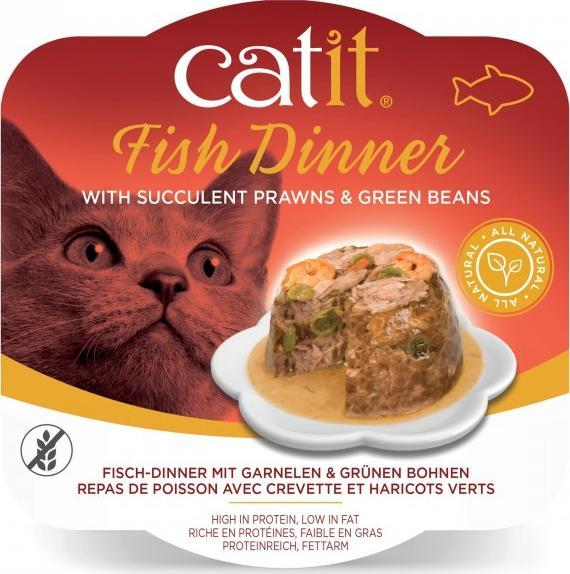Catit Fish Dinner, mokry pokarm, dla kota, krewetki i fasolka szparagowa, 80g, szalka 1