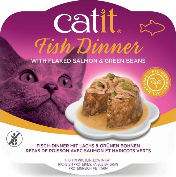 Catit Fish Dinner, mokry pokarm, dla kota, łosoś i fasolka szparagowa, 80g, szalka 1