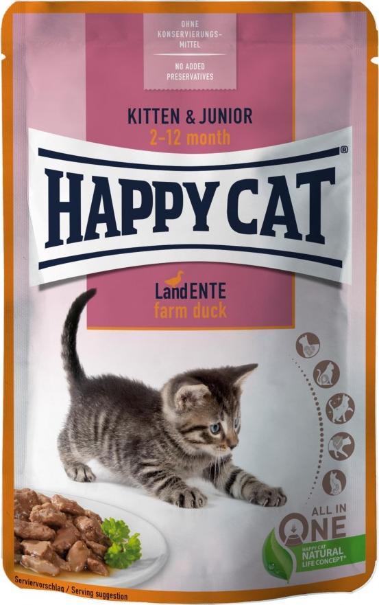 Happy Cat Kitten & Junior Farm Duck, mokra karma, dla kociąt w wieku 2-12 mies., kaczka, 85 g, saszetka 1