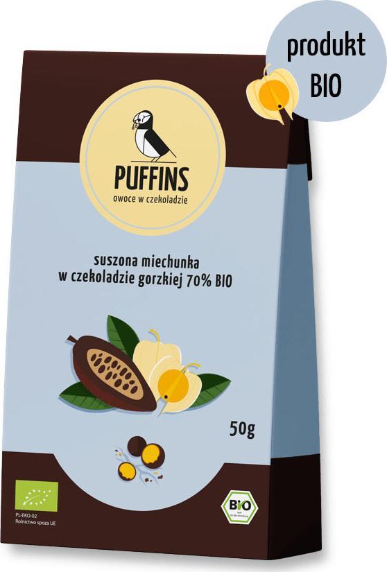 PUFFINS Organiczna Miechunka Suszona (Puffingowana) w Czekoladzie Gorzkiej 70% BIO "Puffins - Owoce do Schrupania" 50g 1