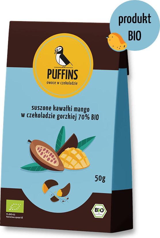 PUFFINS Organiczne Mango Suszone (Puffingowane) w Czekoladzie Gorzkiej 70% BIO "Puffins - Owoce do Schrupania" 50g 1