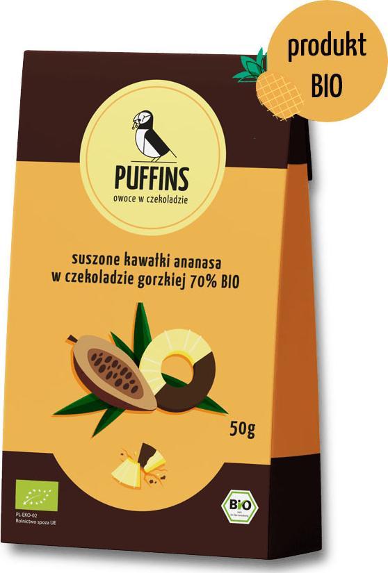 PUFFINS Organiczny Ananas Suszony (Puffingowany) w Czekoladzie Gorzkiej 70% BIO "Puffins - Owoce do Schrupania" 50g 1