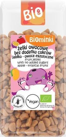 BIOMINKI (przekąski dla dzieci) Żelki owocowe bez dodatku cukrów JABŁKO-OWOCE EGZOTYCZNE bezglutenowe BIO 400 g Biominki 1