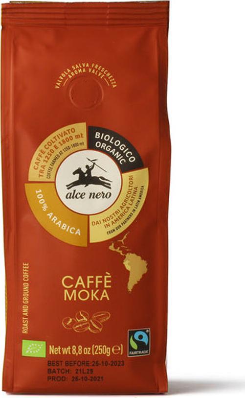 Kawa mielona Alce Nero Włoska Organiczna Kawa Mielona Moka 100% Arabica z Górskich Upraw BIO Fair Trade "Caffe Moka | Caffe Coltivato tra 1250 e 1800 mt | Roast and Ground Coffee" 250g Alce Nero 1