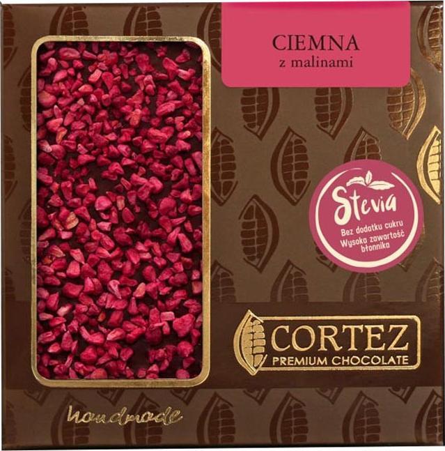Cortez Czekolada Ciemna 70% Kakao Słodzona Stevią z Liofilizowanymi Malinami z Polskiej Manufaktury Czekolady Cortez 85g 1