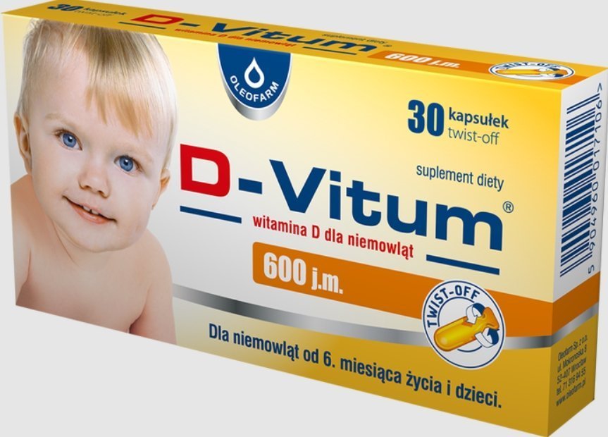 Oleofarm D-Vitum D dla niemowląt 600 j.m., 30 kapsułek - Długi termin ważności! 1