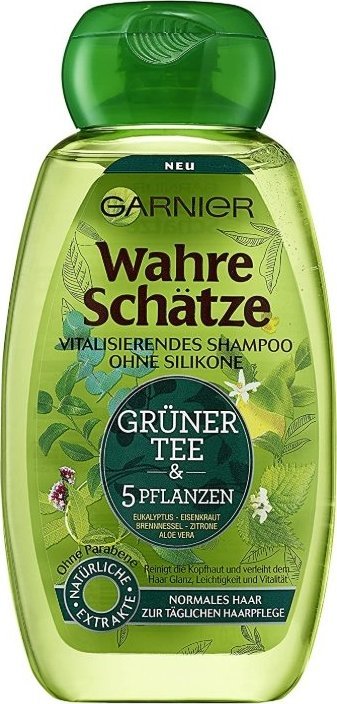 Garnier (DE) Garnier True Treasures, Zielona herbata i 5 roślin Szampon witalizujący, delikatnie myje włosy i skórę głowy, odświeżający, 250ml (PRODUKT Z NIEM 1